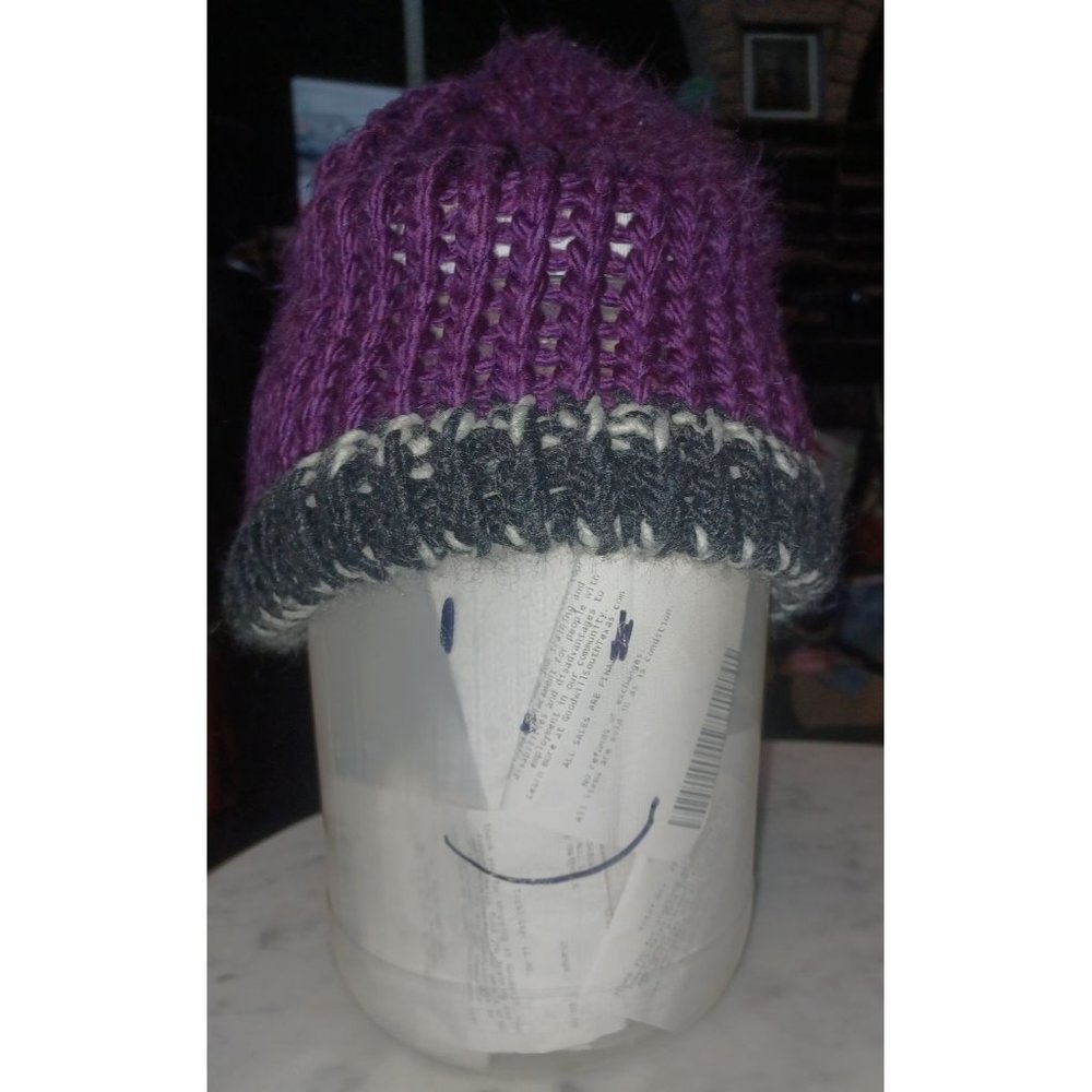 Beanie Hand Crocheted/Knit Purple Gray White